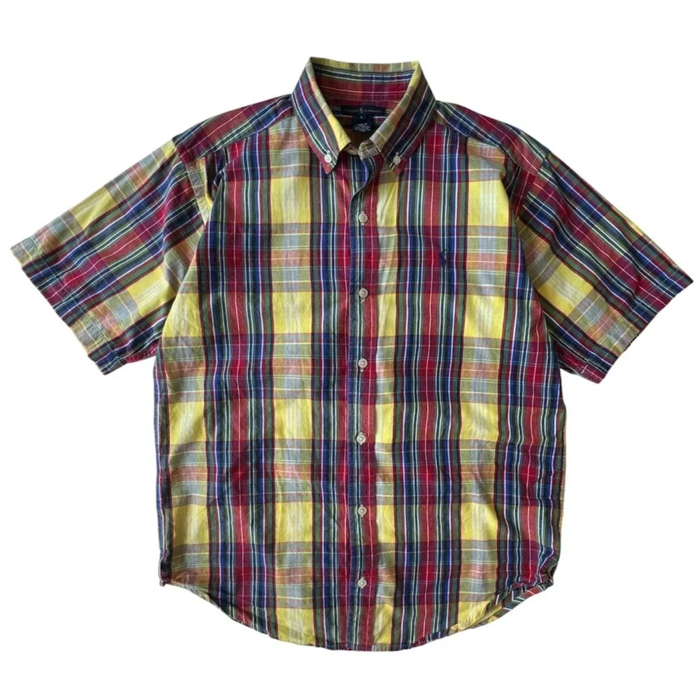 Ralph Lauren Shirt Plaid Short Sleeve Button Up Youth L Blue Red Green Yellow